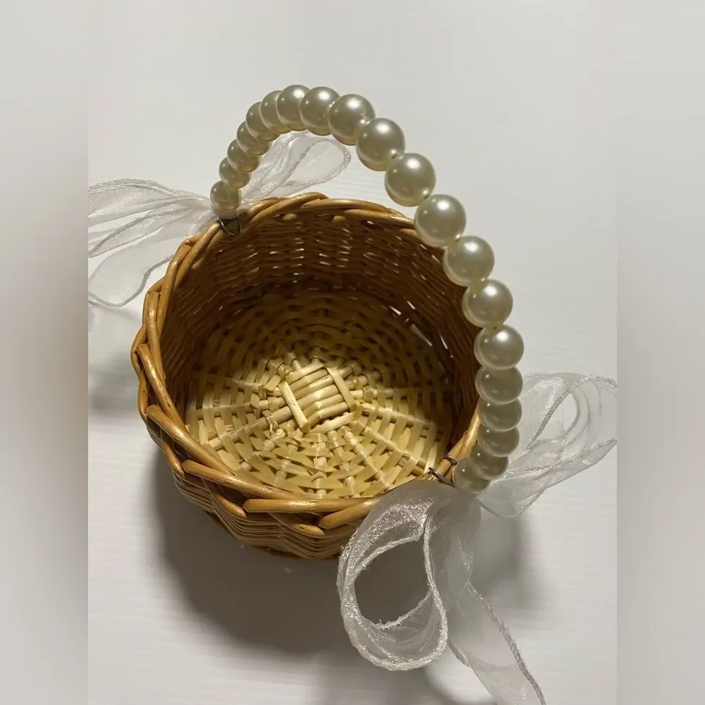 FLOWER GIRL BASKET Pearl handle white ribbon wicker ratan  wedding decor